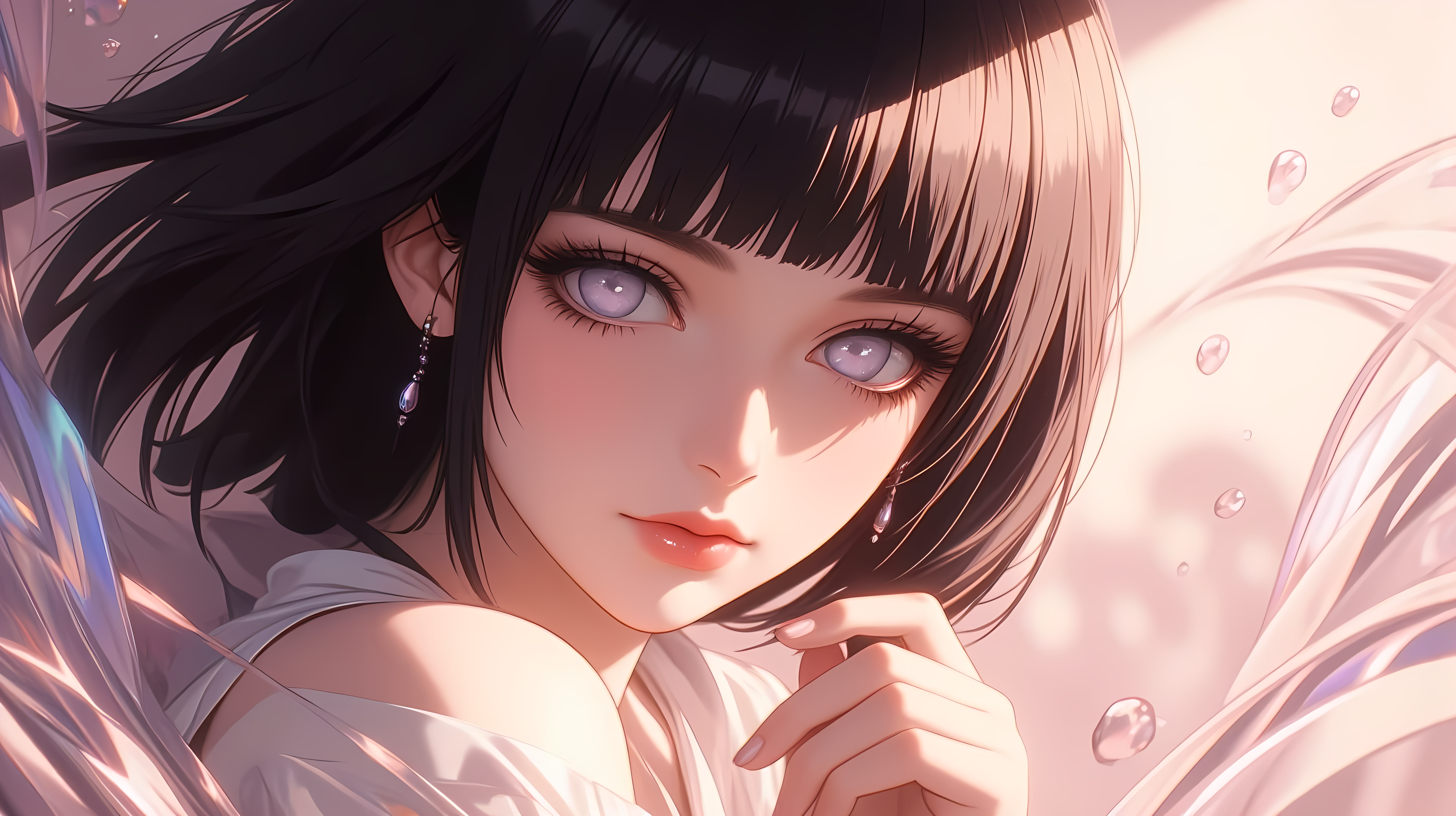 動漫少女 壁紙 — 一個寧靜的動漫女孩，黑髮紫眸，溫柔地凝視著，陽光透過她周圍半透明的粉紅色水滴灑落。