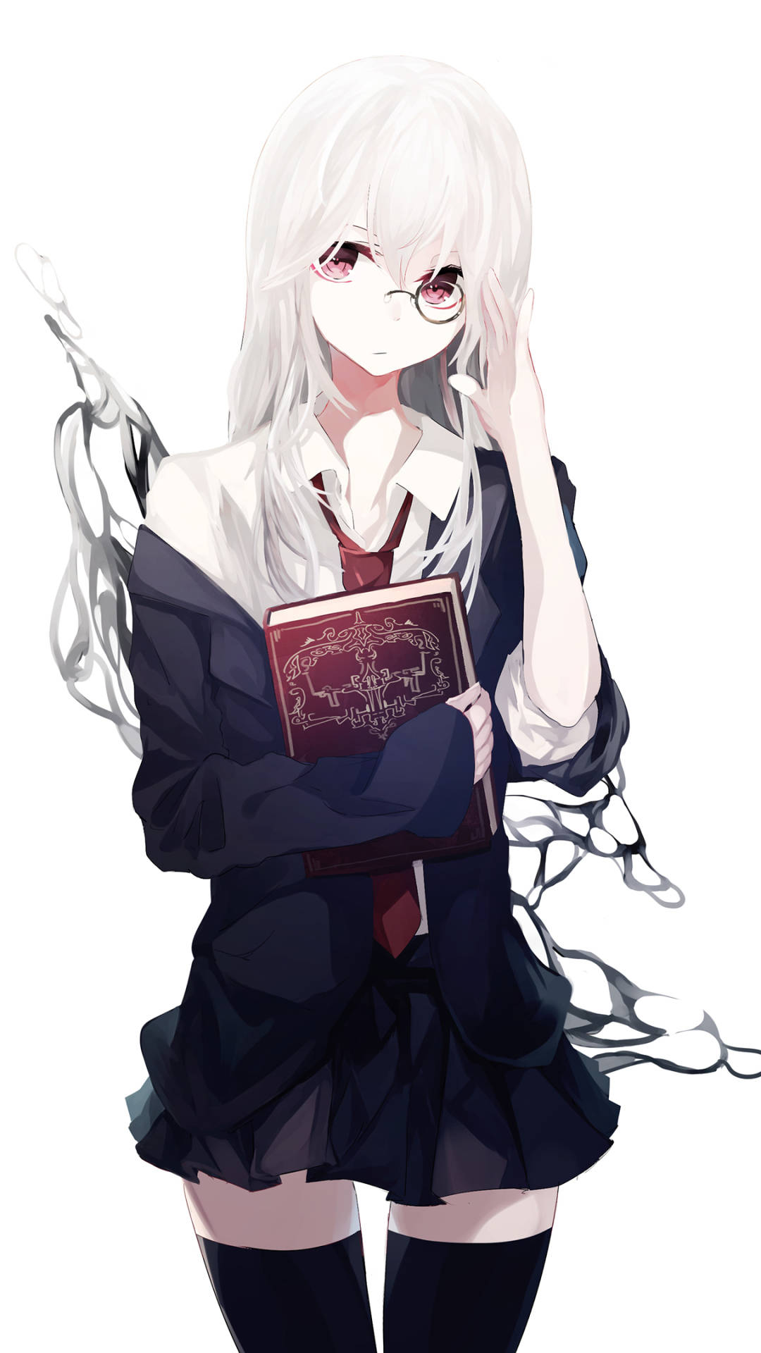 穿著校服的動漫女孩，手持一本紅書，幽靈般的鎖鏈在她周圍盤旋。