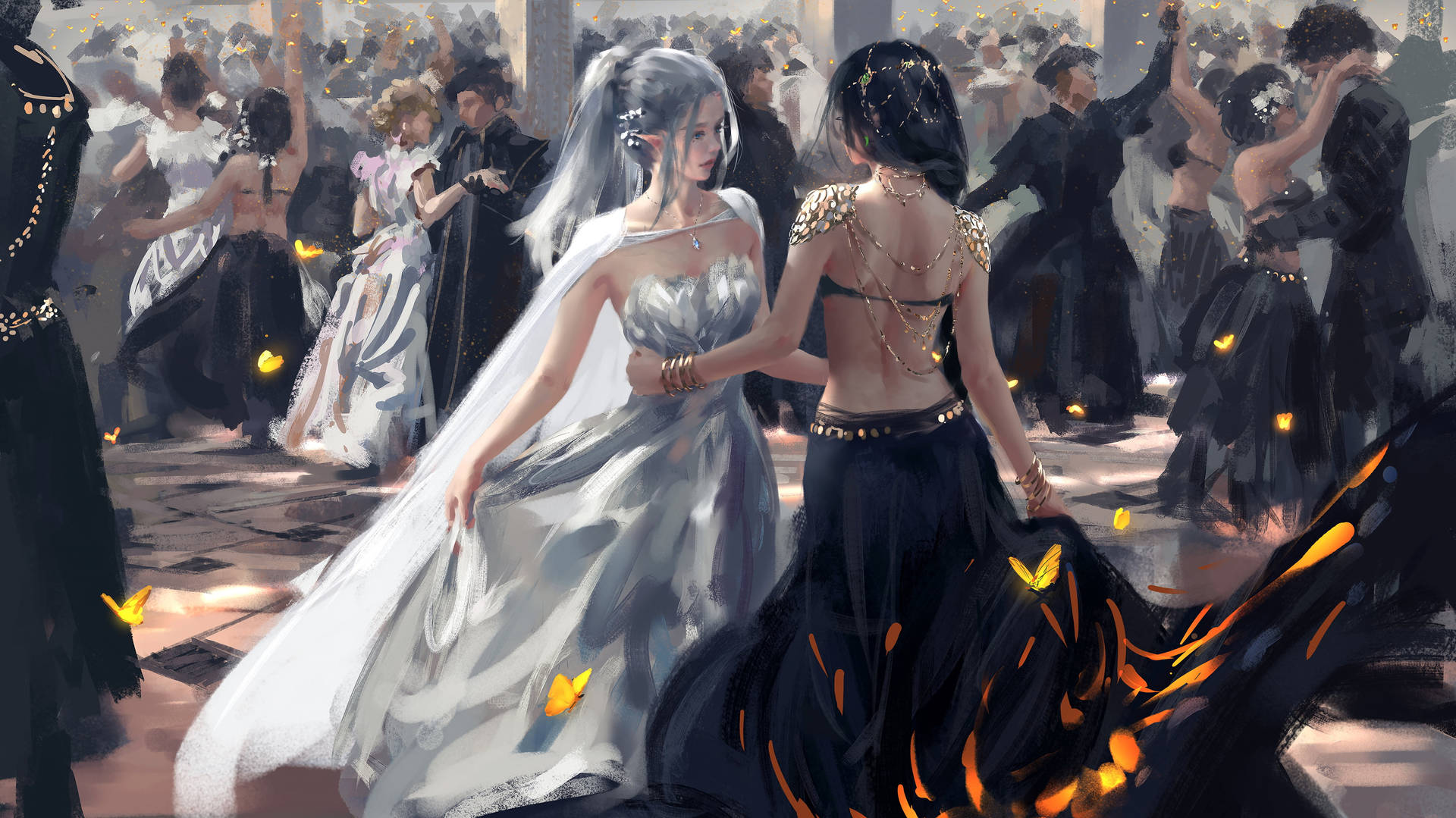 兩位身穿華麗禮服的女士在魔法舞會中與發光蝴蝶共舞。