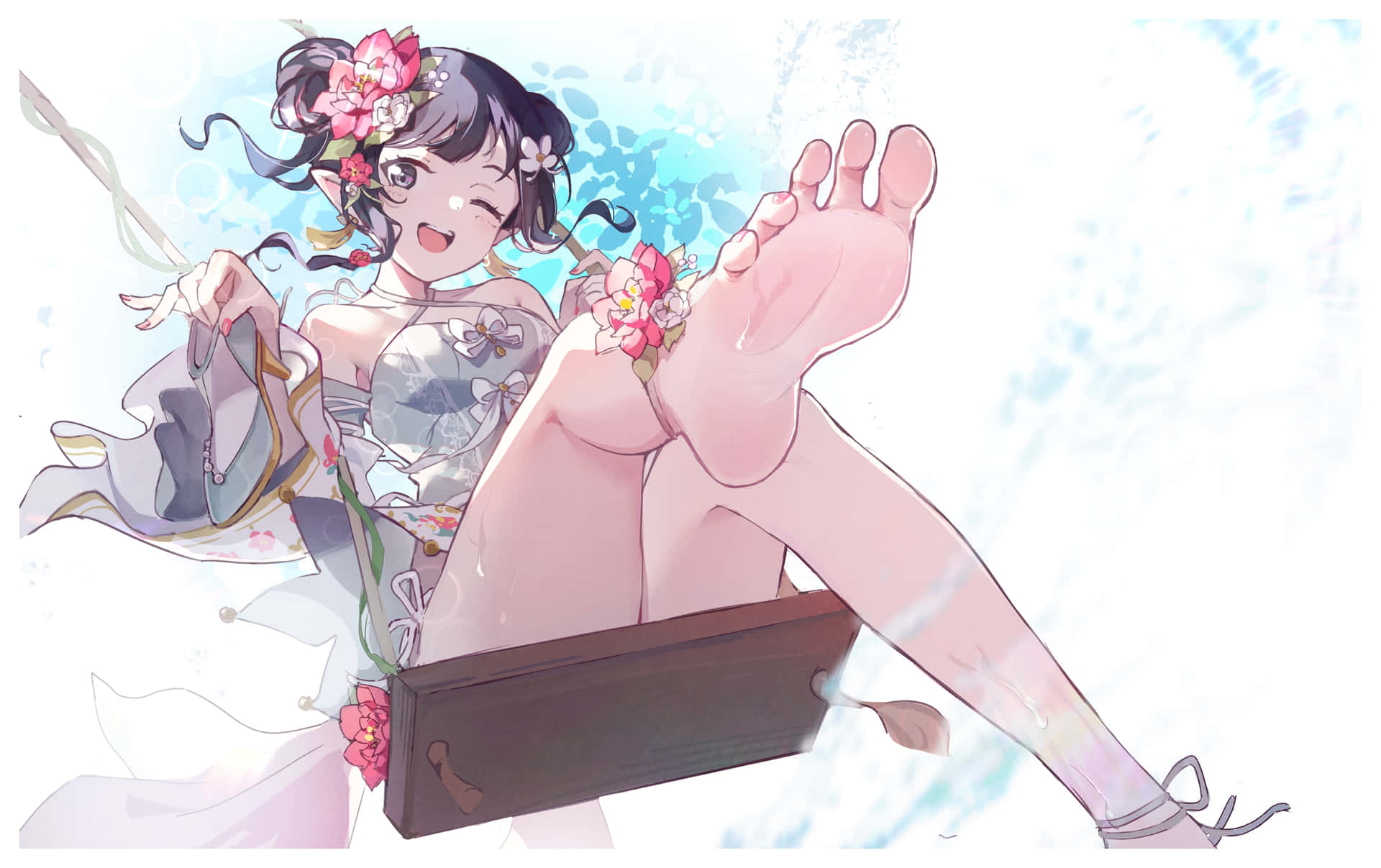 動漫女孩穿花裙在水彩背景眨眼並展示腳