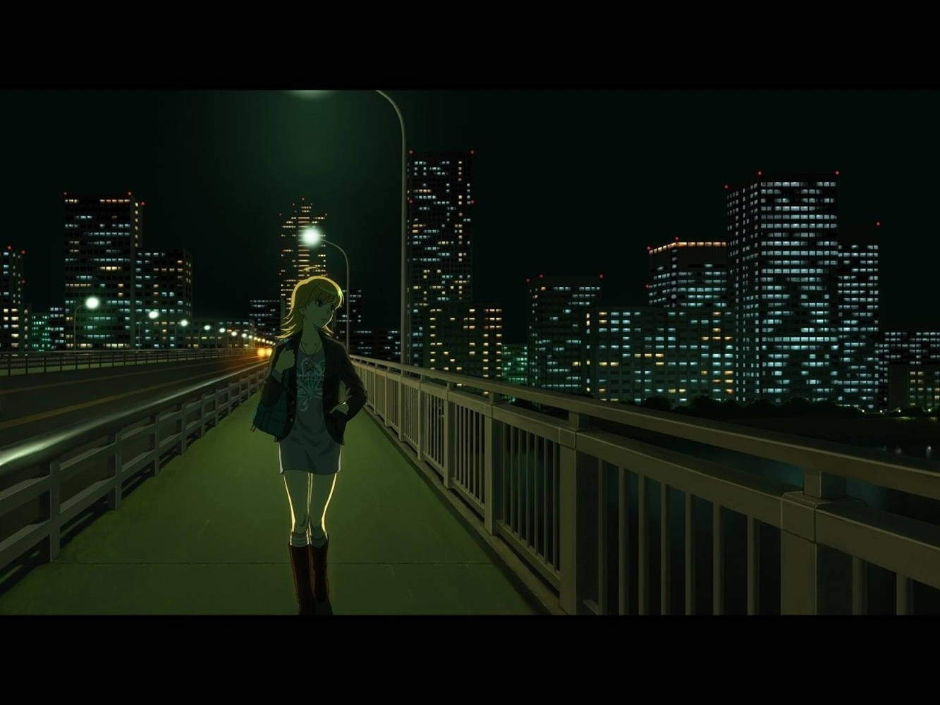 動漫女孩晚上獨自走在橋上，身後是城市燈光。