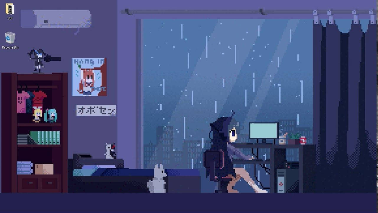 像素藝術女巫女孩在雨夜房間裡用電腦工作，有貓和動漫海報。