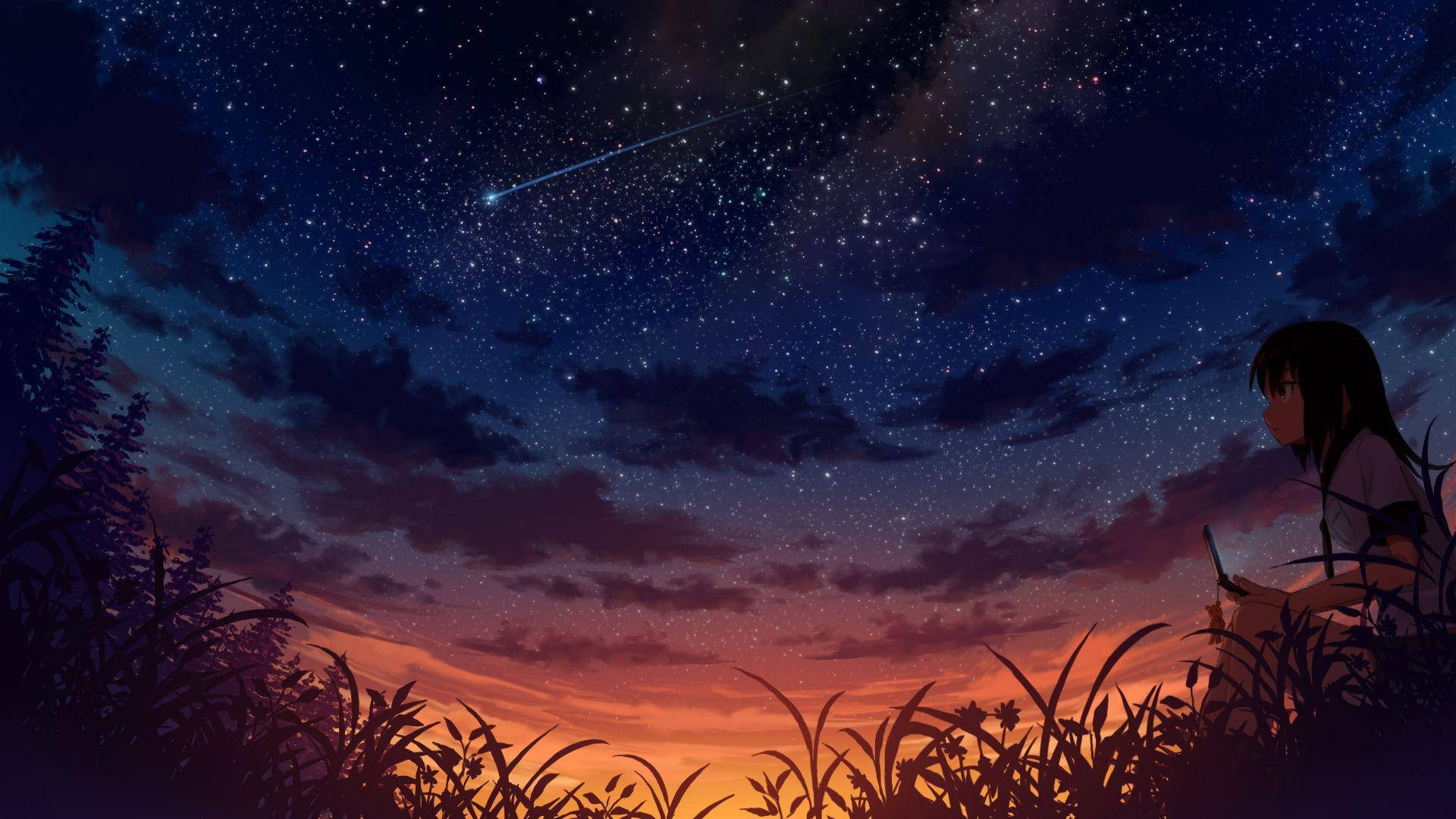 動漫女孩在暮色天空中觀看流星，草叢剪影