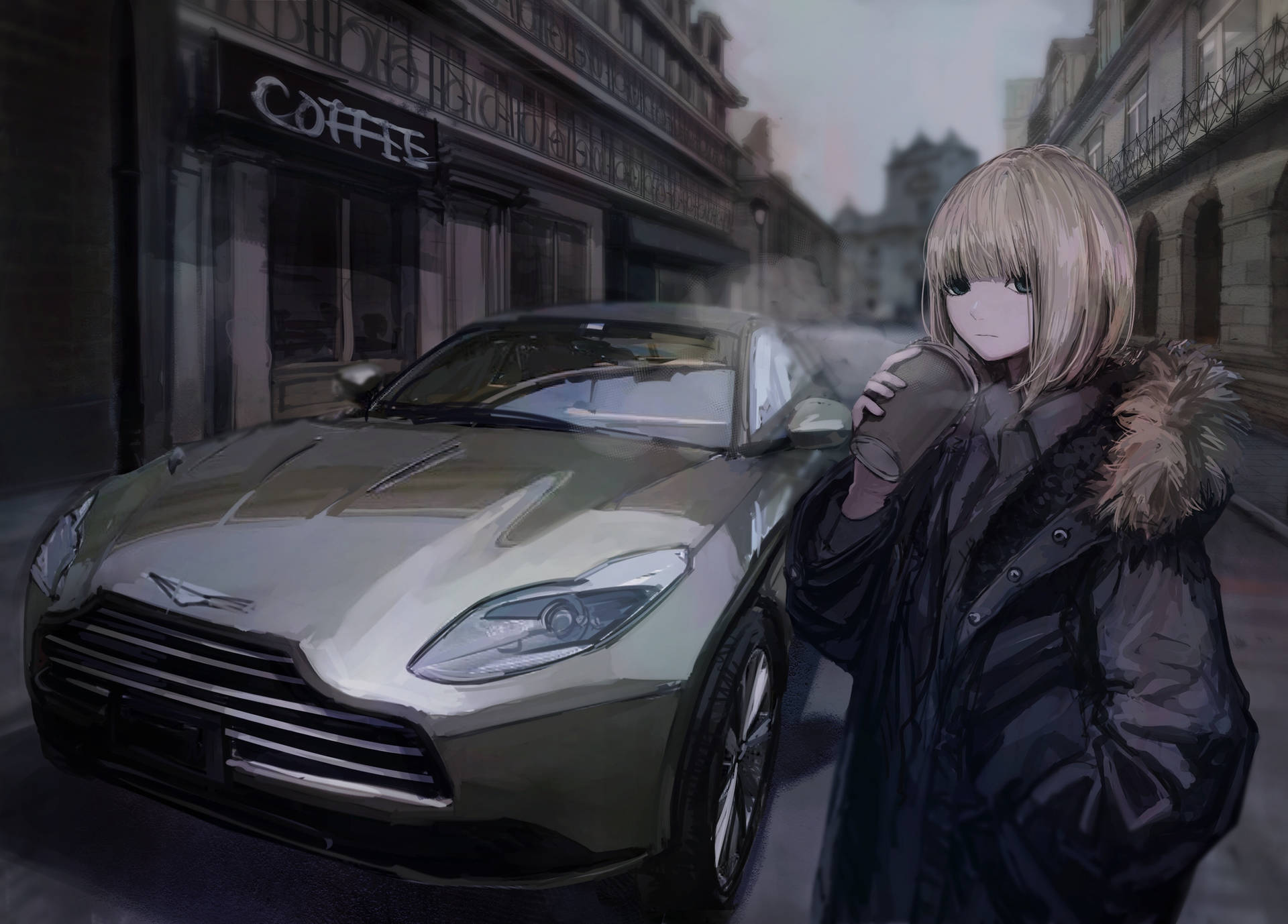 穿著外套的動漫女孩在雨中的城市街道上，拿著咖啡，旁邊是豪華車。