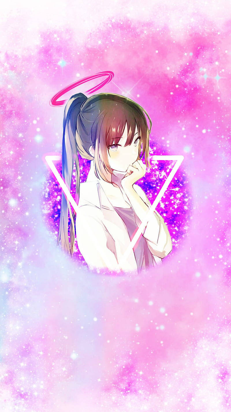 帶光環和馬尾的動漫女孩，身處粉紅色星空宇宙背景，帶有發光三角形框架。