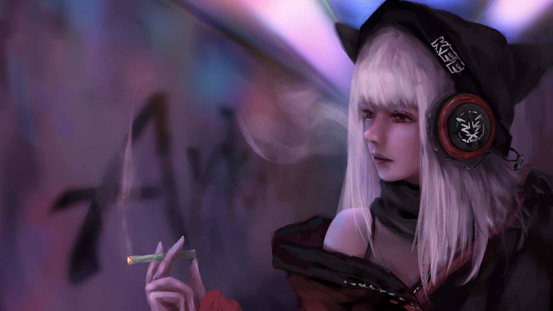 戴著貓耳和耳機的動漫女孩在塗鴉牆附近抽煙。