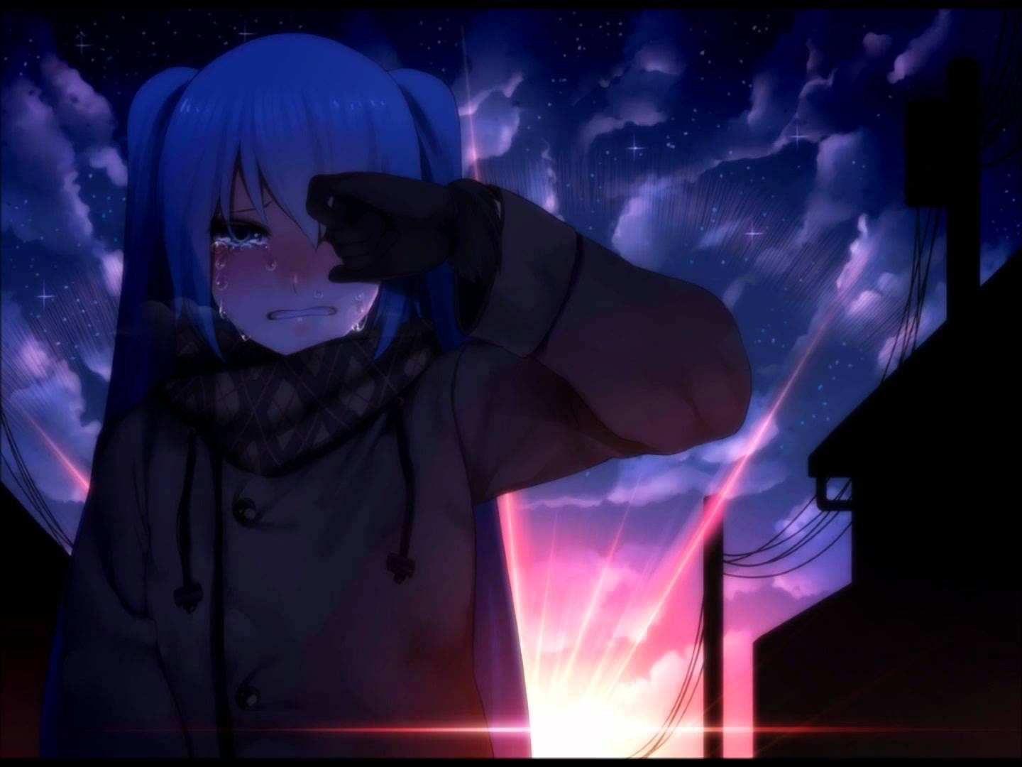 藍髮動漫女孩在黃昏時擦眼淚，背後有發光的天空。