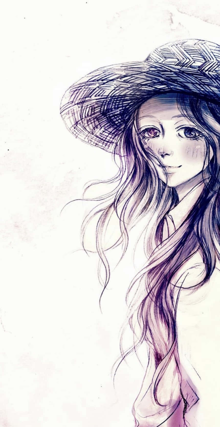 動漫少女插畫 壁紙 — 一位精緻的動漫女孩，長髮飄逸，戴著寬邊帽，在紋理白色背景上柔和地凝視。