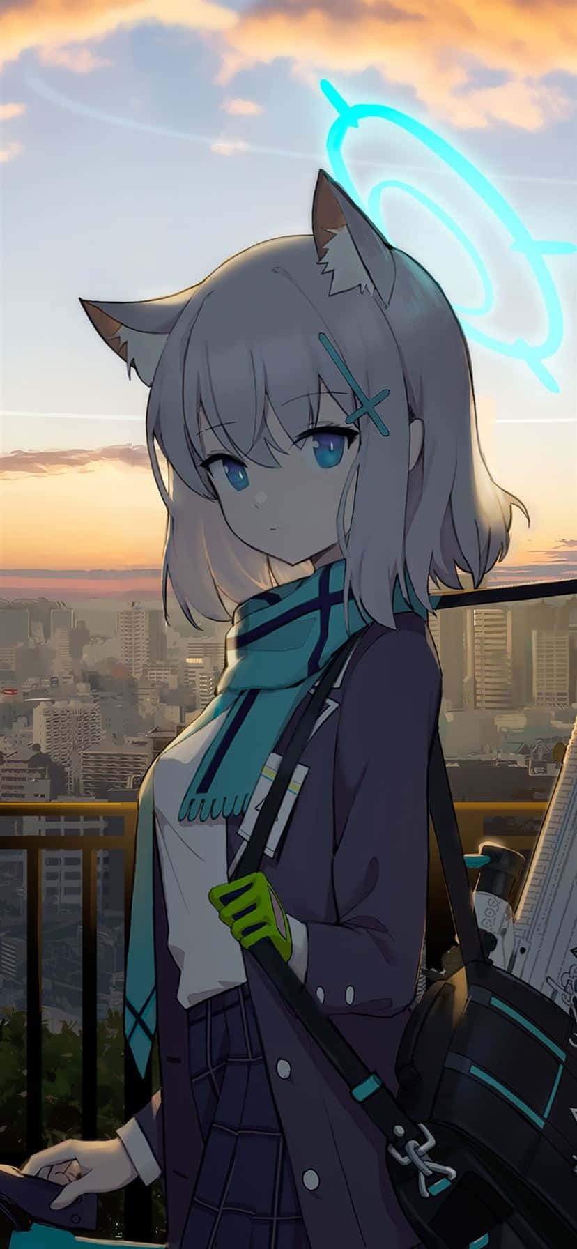 貓耳動漫女孩，城市陽台，夕陽，發光藍色螺旋