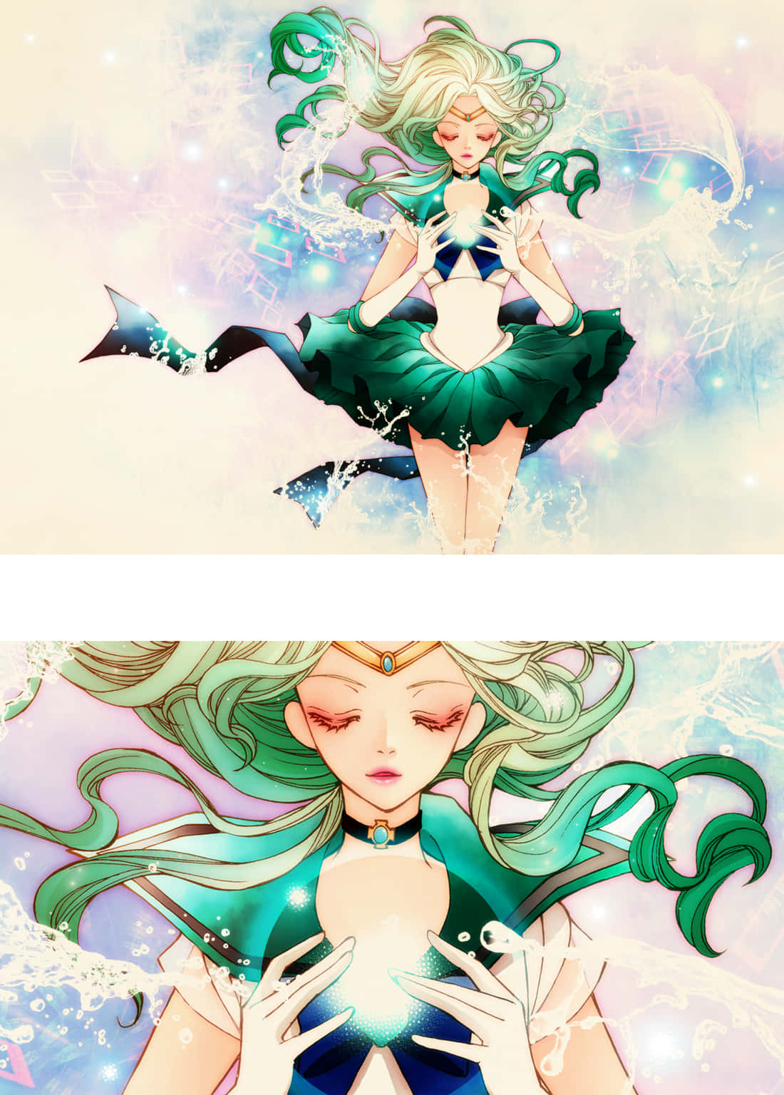 sailor neptune 桌布 壁紙 — 動漫少女擁有飄逸的綠色長髮和美人魚尾巴，在閃爍的水面和粉彩雲朵中手持發光球體。