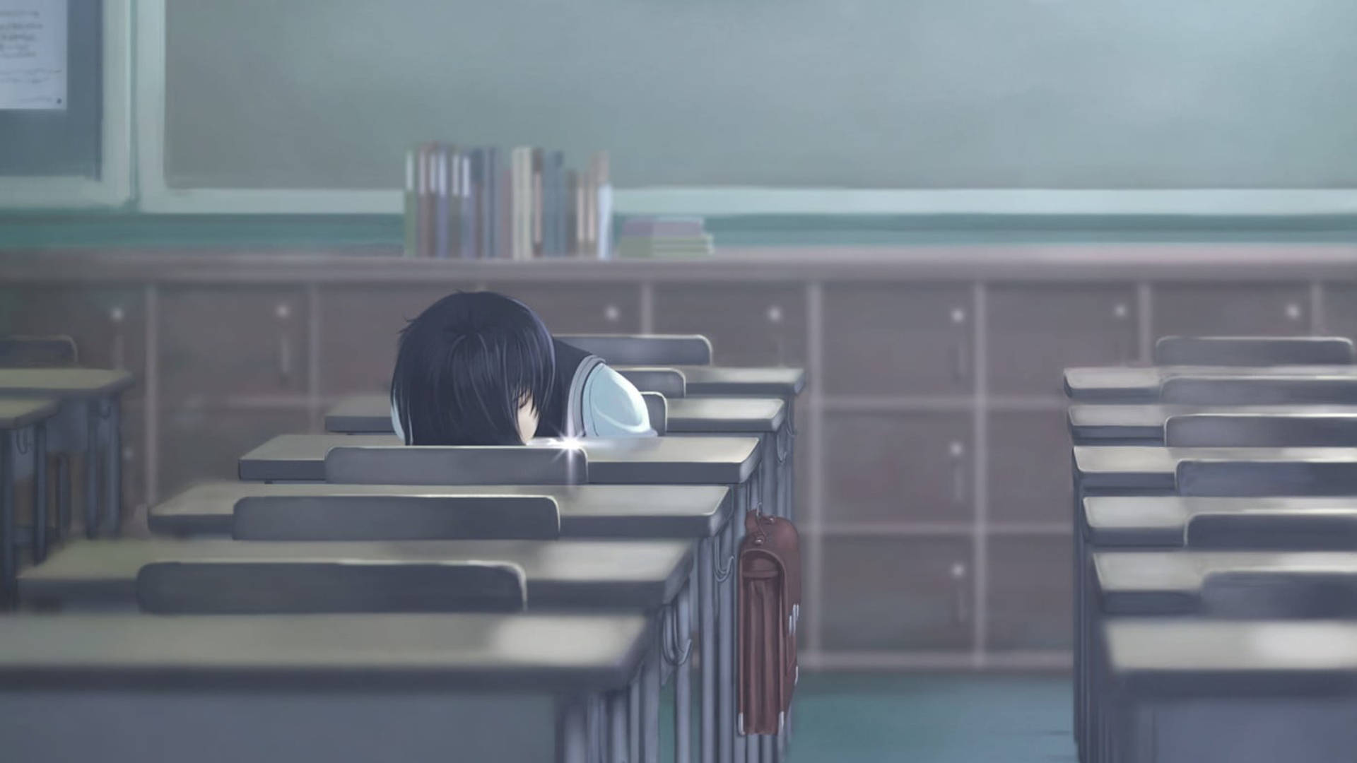 動漫學生在空教室的書桌上睡覺