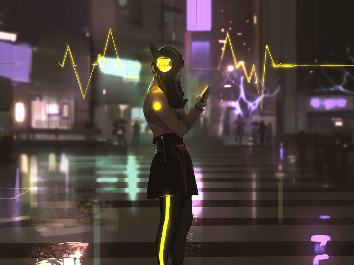 動漫少女暗色霓虹 iPhone 壁紙 — 一個未來風格的動漫女孩，戴著發光的黃色耳機和脈搏線覆蓋層，夜晚站在霓虹燈閃爍的雨城市街道上。
