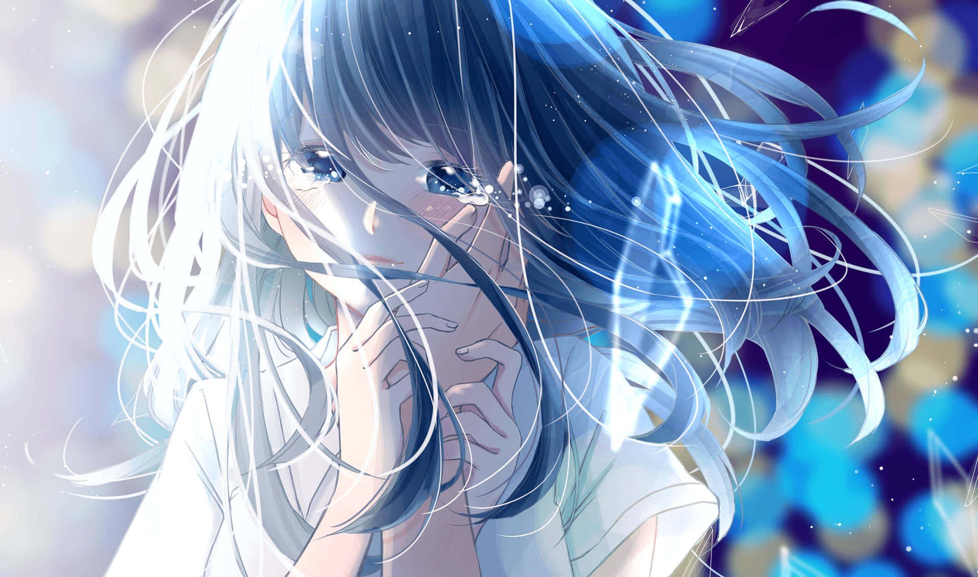 動漫少女沉思著自己的處境 壁紙 — 一個憂鬱的動漫女孩，擁有飄逸的藍白頭髮，在光粒子圍繞她臉龐旋轉時溫柔地凝視著。