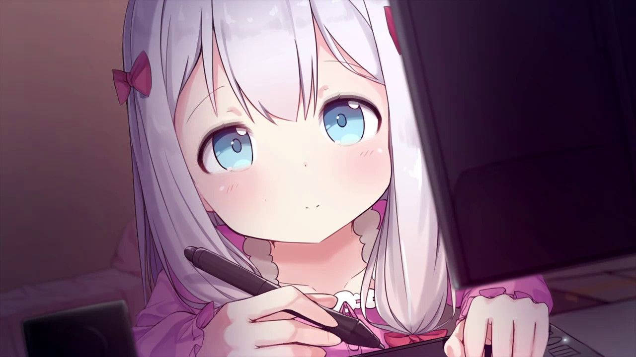 銀髮藍眼的動漫女孩用觸控筆在平板電腦上繪畫。