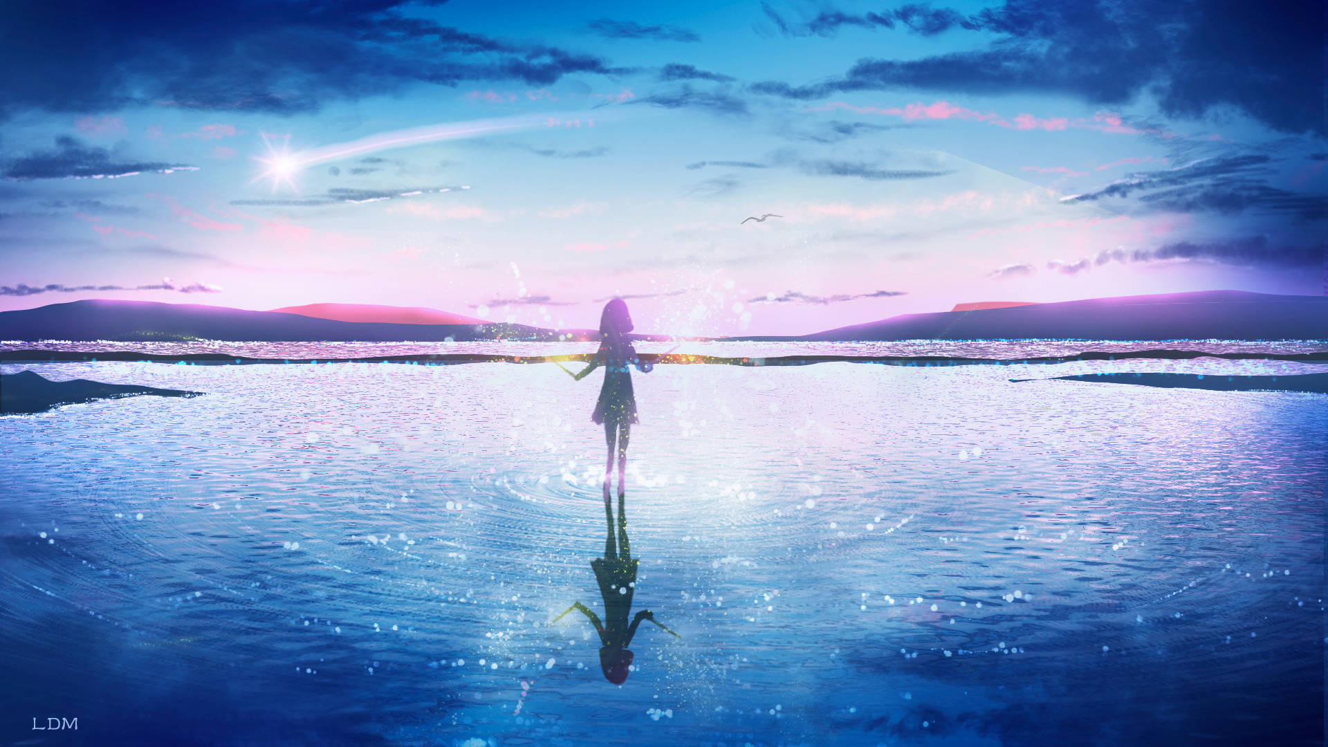 女孩站在水中，暮色天空中有彗星