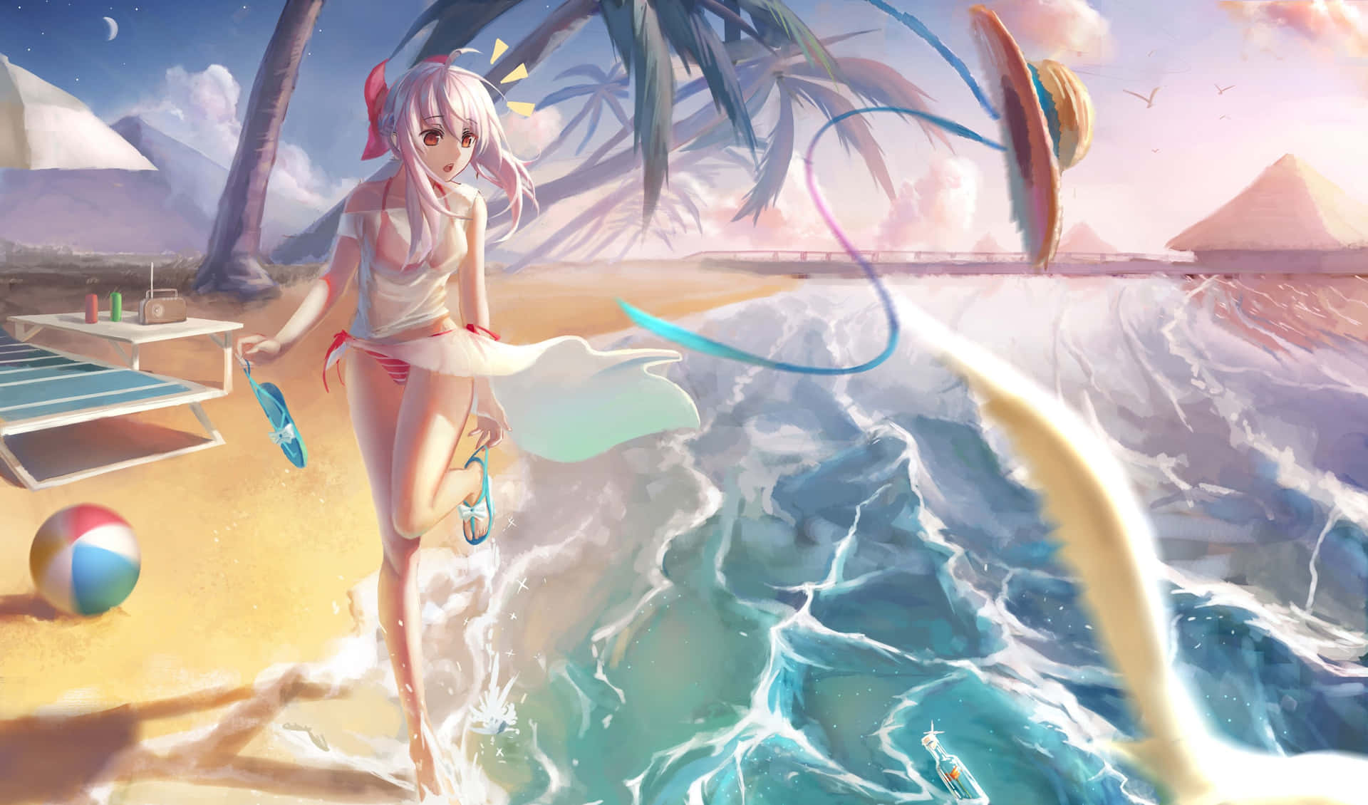 動漫女孩穿著比基尼在海灘上，伴隨著魔法般的海浪，背景是日落天空。