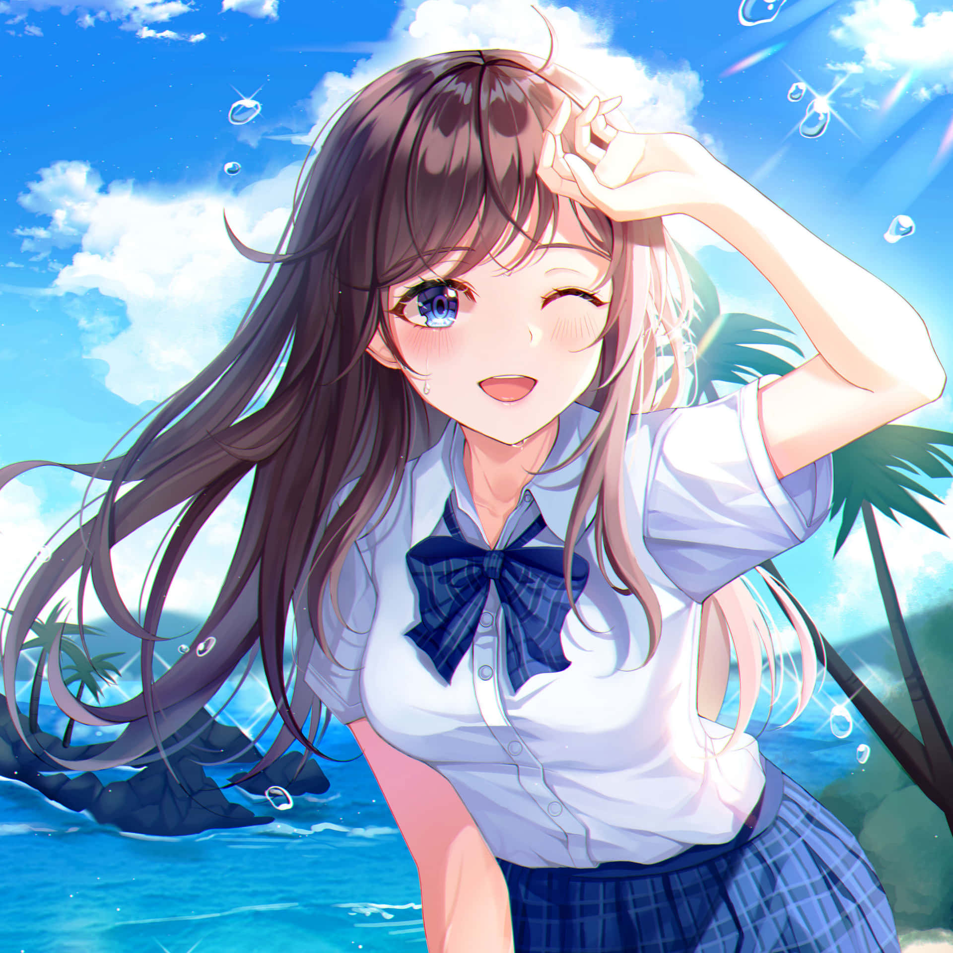 穿著校服的動畫女孩在海邊微笑，有棕櫚樹和泡泡。