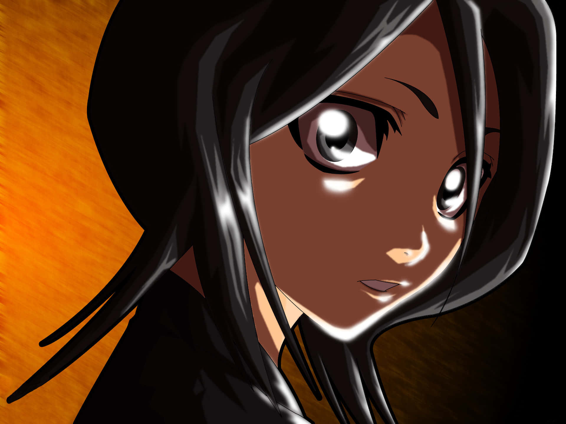 Rukia Kuchiki 桌布 壁紙 — 動漫少女特寫，深色頭髮，眼神銳利，背景為溫暖的橙色漸變。