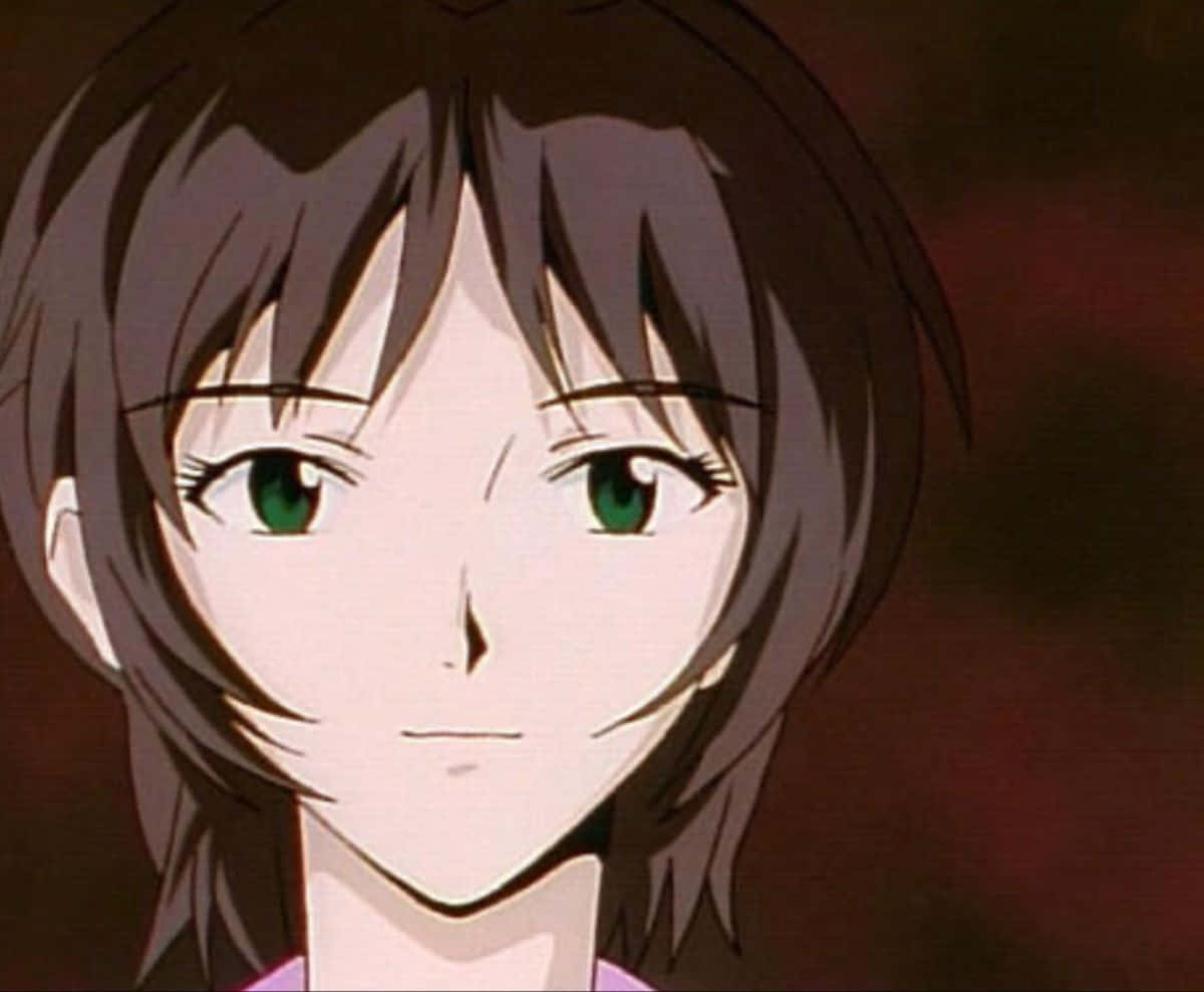 Yui Ikari 桌布 壁紙 — 動漫少女特寫，短棕髮，鮮綠色眼睛，冷靜表情向前凝視，背景模糊偏紅。