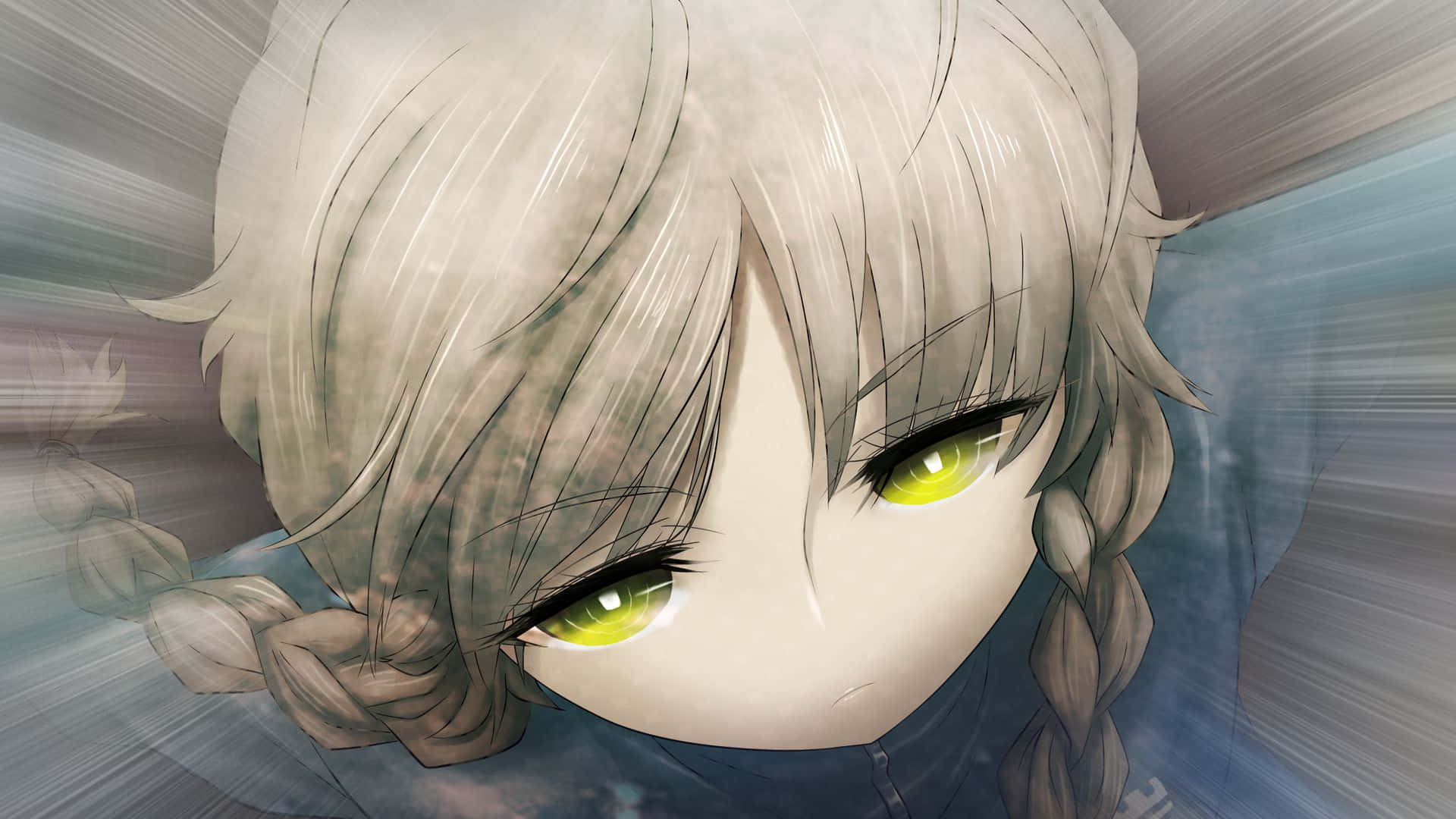 Suzuha Amane 桌布 壁紙 — 動漫少女特寫，蒼白頭髮與發光綠眼，背景為模糊動態效果。
