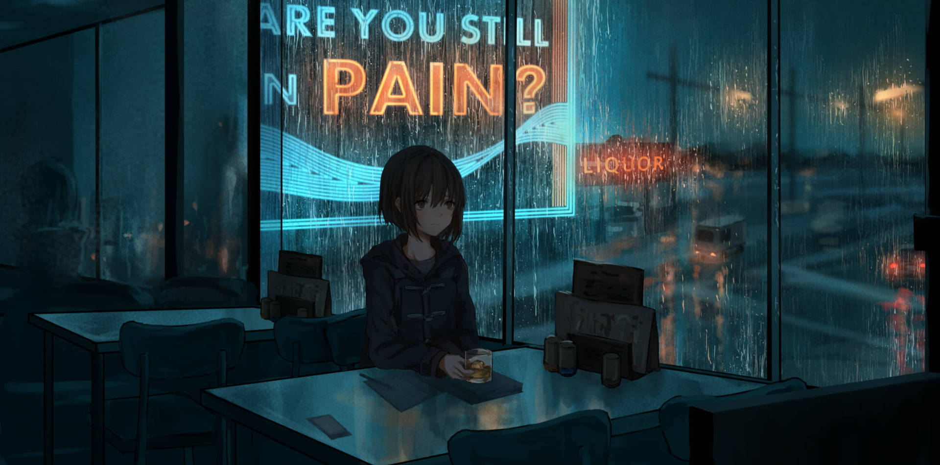 一個悲傷的動漫女孩獨自坐在雨夜的咖啡館裡，望著外面的霓虹燈。