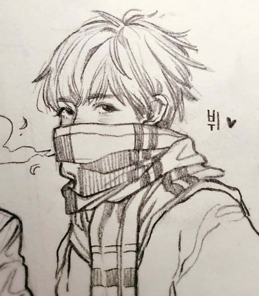 動漫少女的美麗畫作 壁紙 — 一個年輕人的素描，頭髮蓬亂，戴著格仔圍巾遮住口鼻。