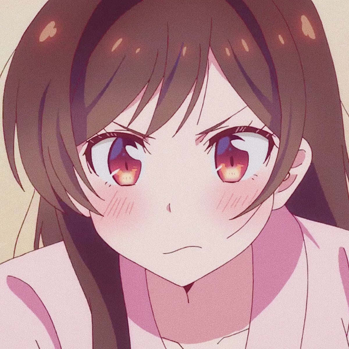 Chizuru Maihara 桌布 壁紙 — 動漫少女的頭像特寫，棕色頭髮，發光的紅色眼睛，微微臉紅，直視觀眾。