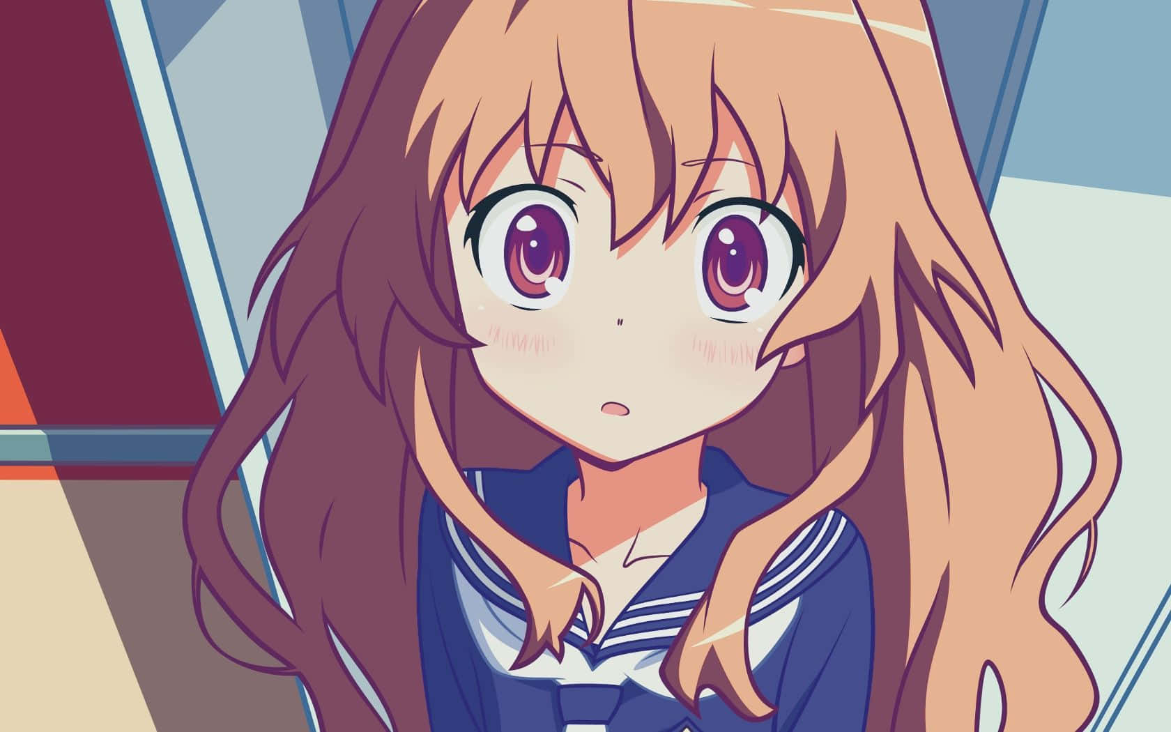 穿著水手服、啡色頭髮和紫色眼睛的動漫女孩看起來很驚訝。