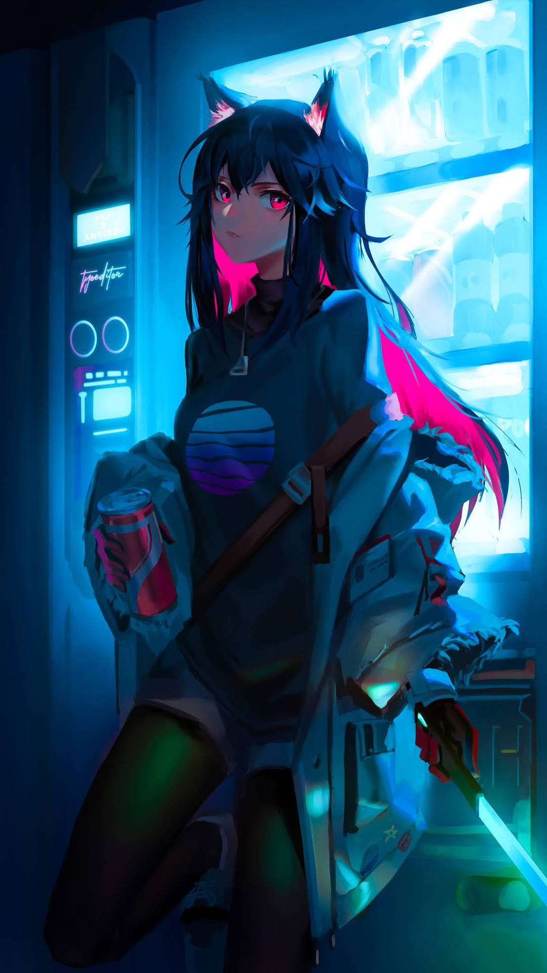 貓耳動漫女孩在霓虹燈照亮的自動售貨機凹室中，手持罐頭和劍。