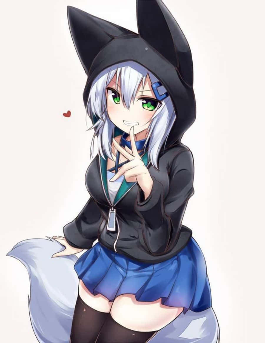 動漫少女穿著保暖連帽衫，展現溫暖笑容 壁紙 — 一位開朗的動漫女孩，銀色頭髮和綠色眼睛，穿著黑色狐狸耳朵連帽衫和藍色裙子，頑皮地將手指放在嘴唇上。