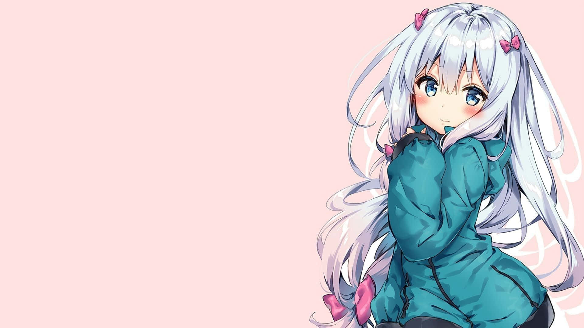 動漫少女穿著時尚服裝 壁紙 — 一個可愛的動漫女孩，銀色頭髮和粉紅色蝴蝶結，穿著藍綠色外套，背景是柔和的粉紅色。