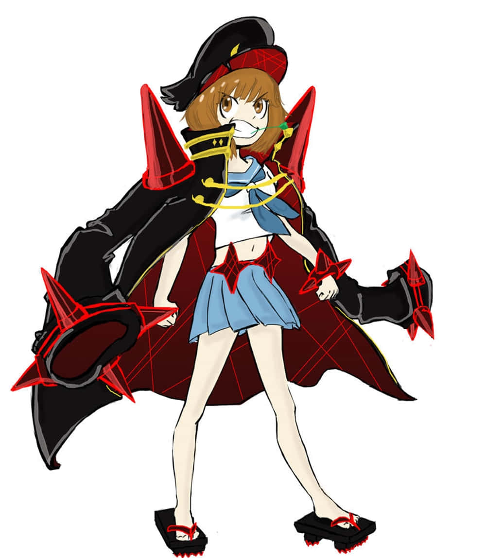 Mako Mankanshoku 桌布 壁紙 — 動漫少女穿著黑紅海盜服，戴著星形護手和披風，自信地站在白色背景前。