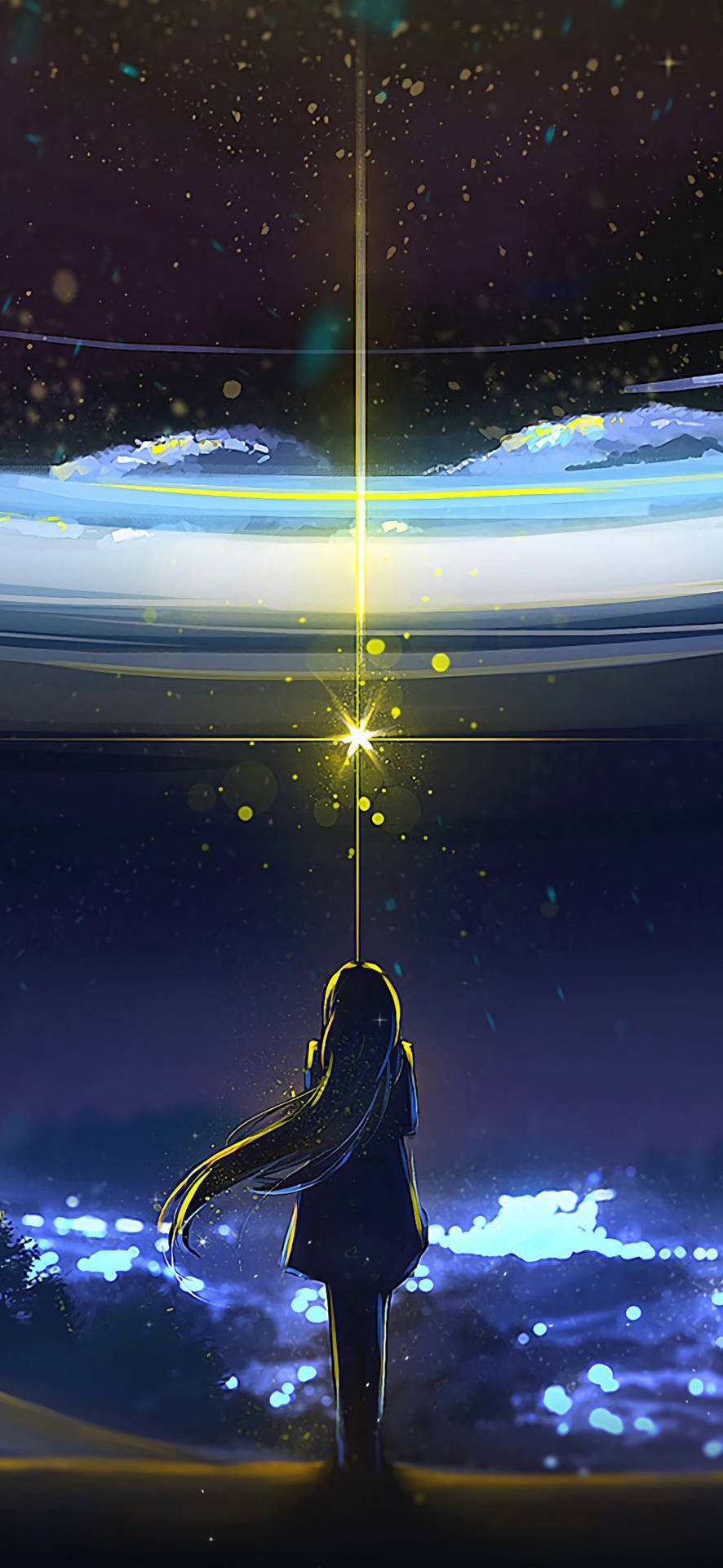 動漫女孩站在繁星夜空中的發光光束下。