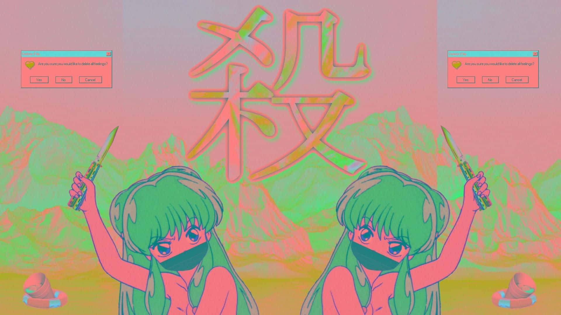 兩個戴面具的動漫女孩在故障山脈場景中手持刀具，帶有日文字元。