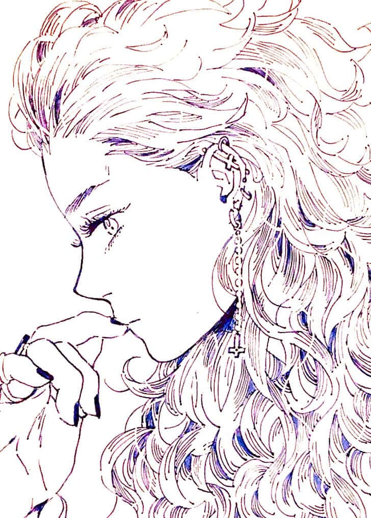 動漫少女置身唯美風景 壁紙 — 一幅精緻的動漫風格線條畫，描繪一位擁有飄逸紫髮和十字架耳環的女性，若有所思地向下凝視。