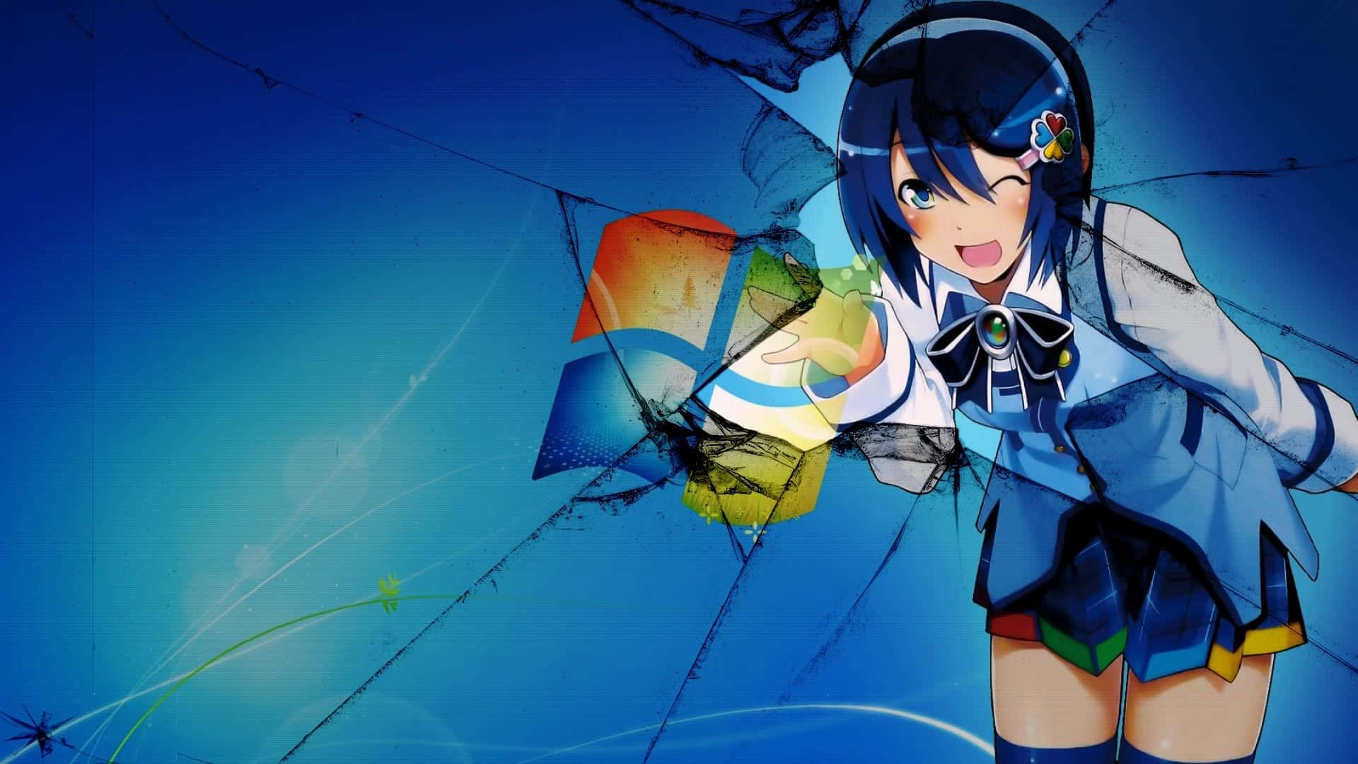 動漫女學生穿著校服，透過裂開的玻璃舉起Windows標誌眨眼。