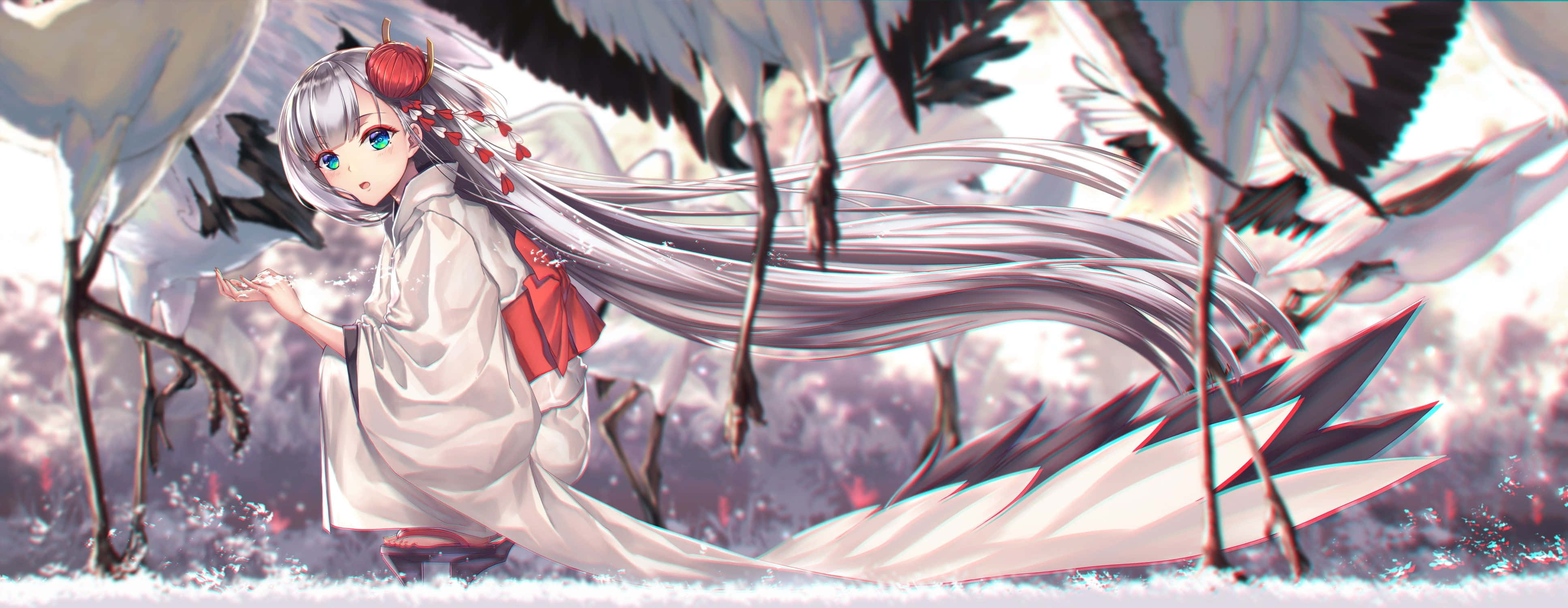 動漫少女置身雪景奇境 壁紙 — 一位銀髮動漫少女身穿白色和服，跪在雪鶴之中，雙手伸出。