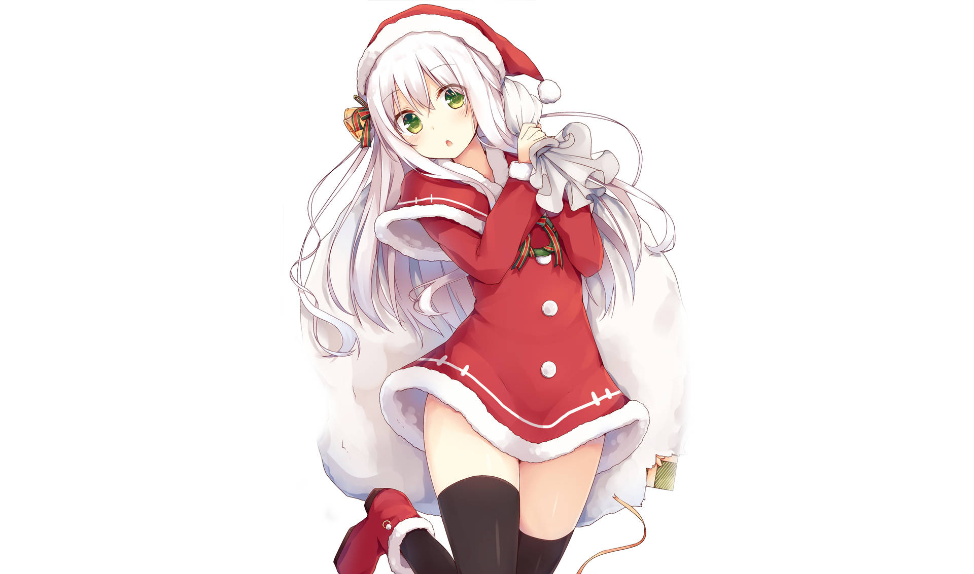 動漫女孩穿著紅色聖誕老人服裝拿著禮物袋