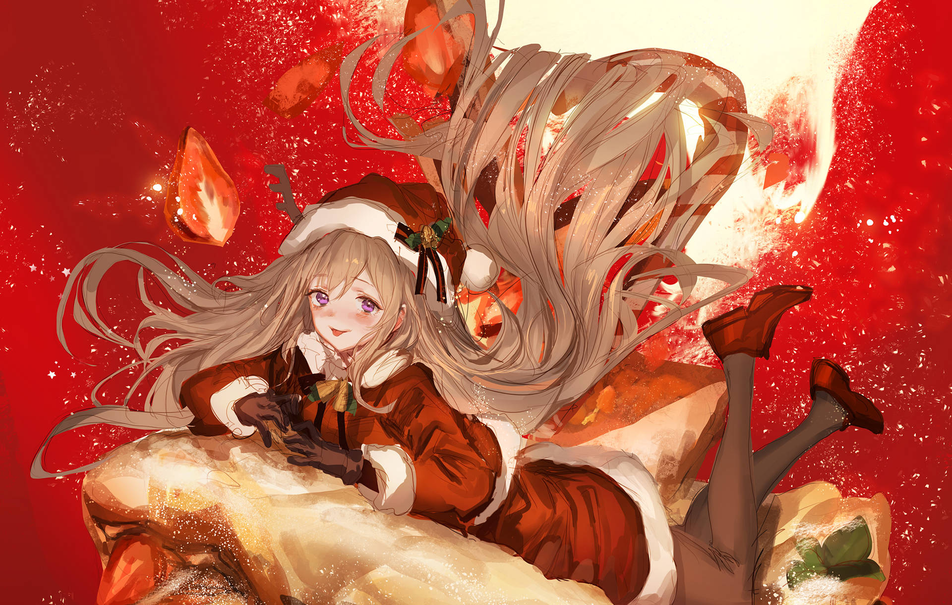 動漫女孩穿著聖誕老人服裝，在紅色星空下躺在雪岩上，周圍有發光的葉子。