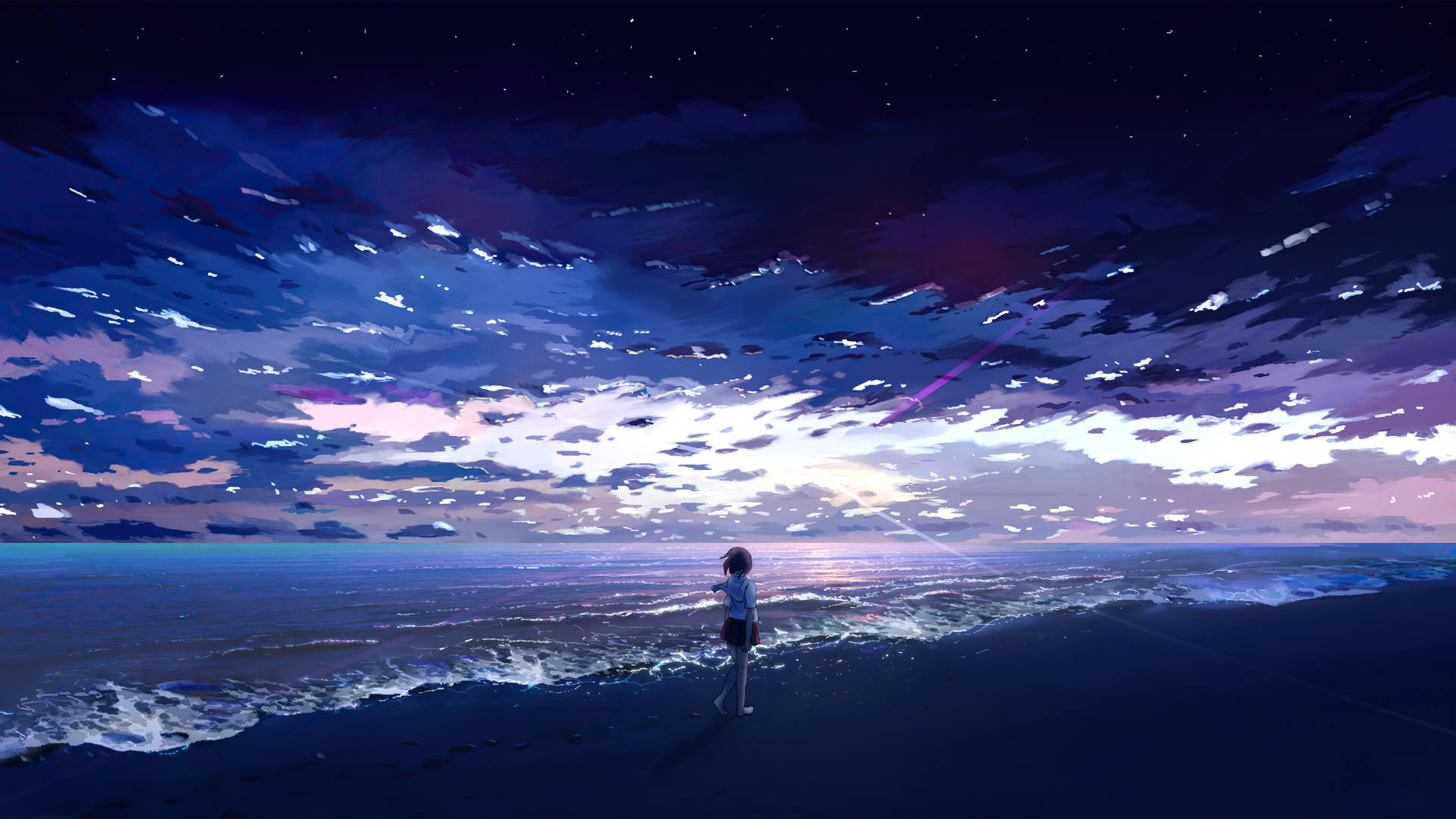 動漫女孩在星空下的夜晚獨自站在海灘上。