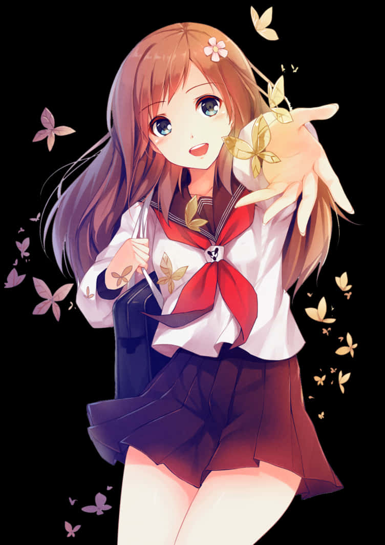動漫少女與蝴蝶與櫻花 壁紙