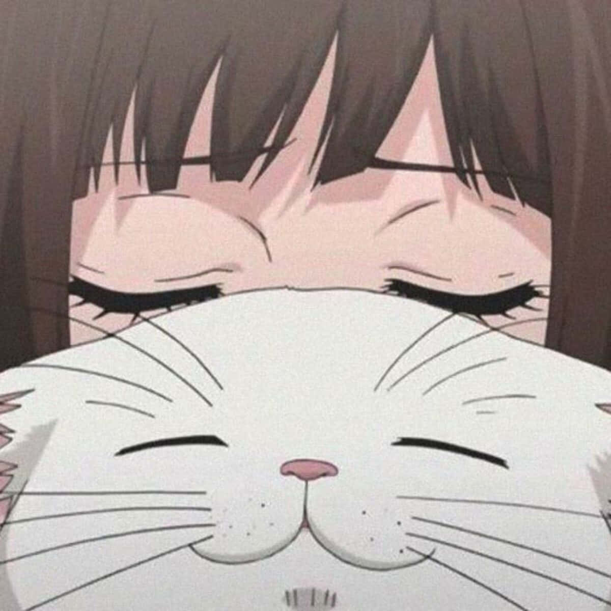 動漫女孩擁抱白貓，兩者都閉著眼睛