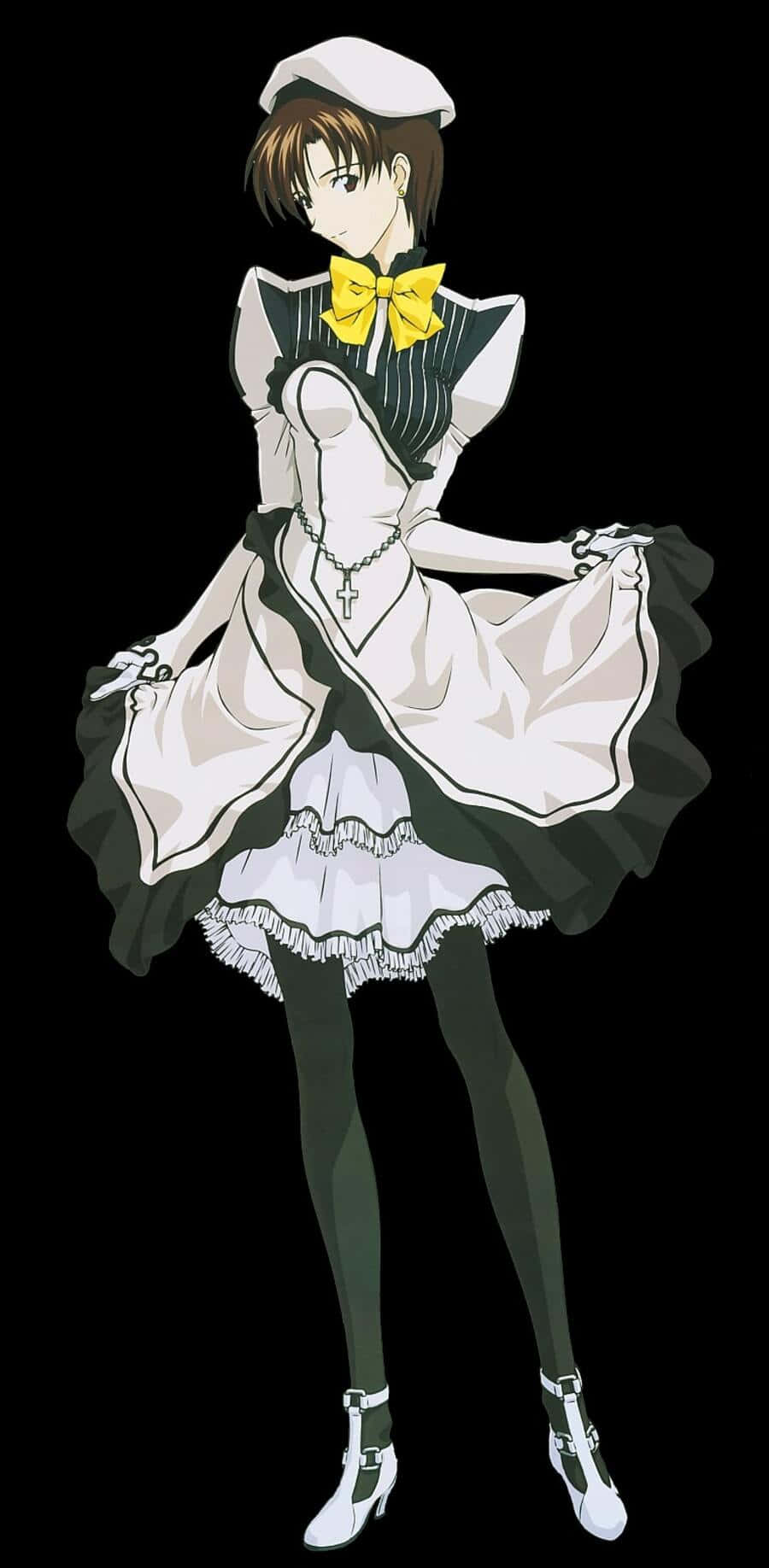 Maya Ibuki 桌布 壁紙 — 動漫少女身穿黑白女僕裝，繫著黃色蝴蝶結，在黑色背景前擺出姿勢。