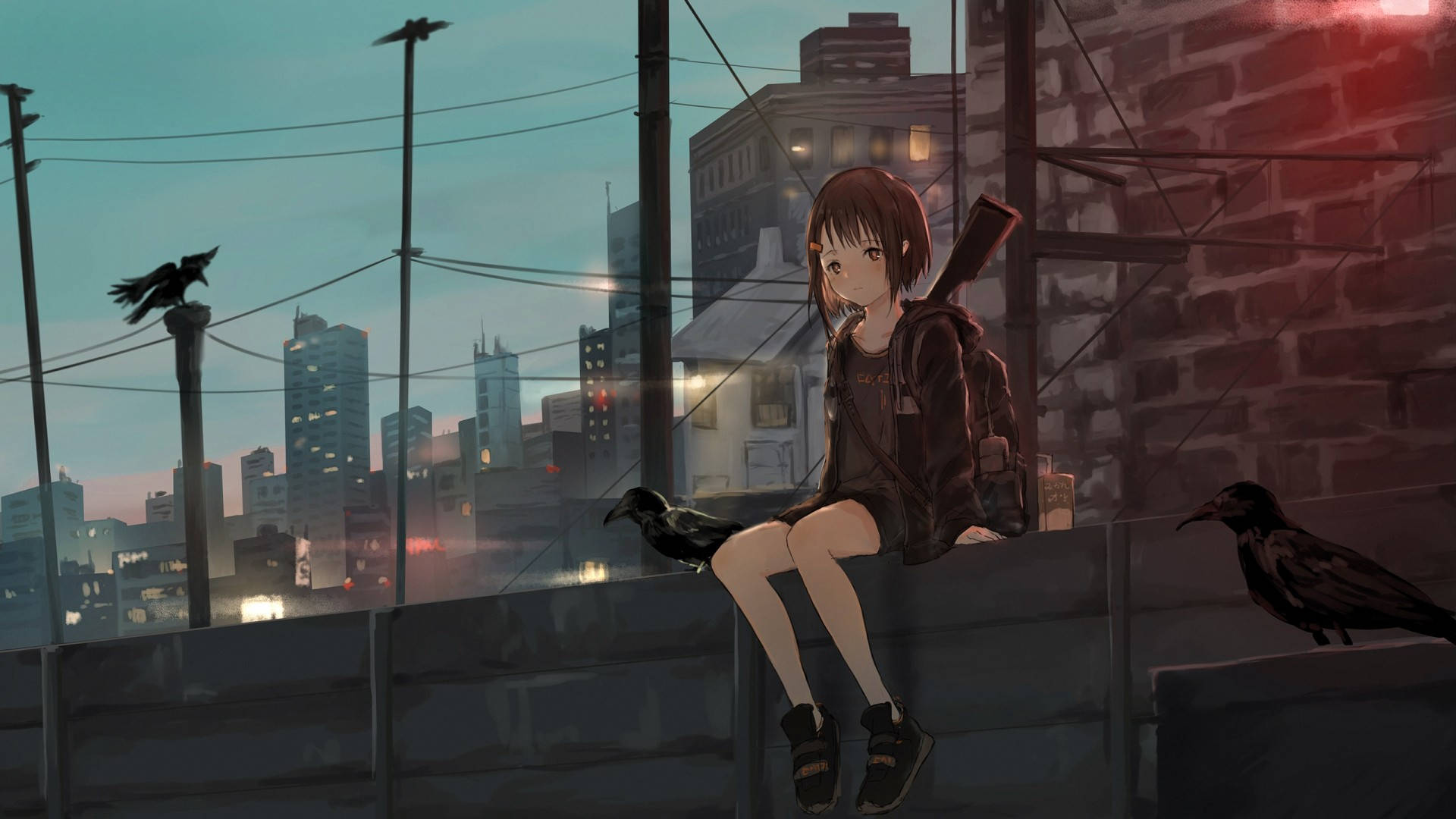 暮色城市屋頂上與烏鴉一起的動漫女孩。