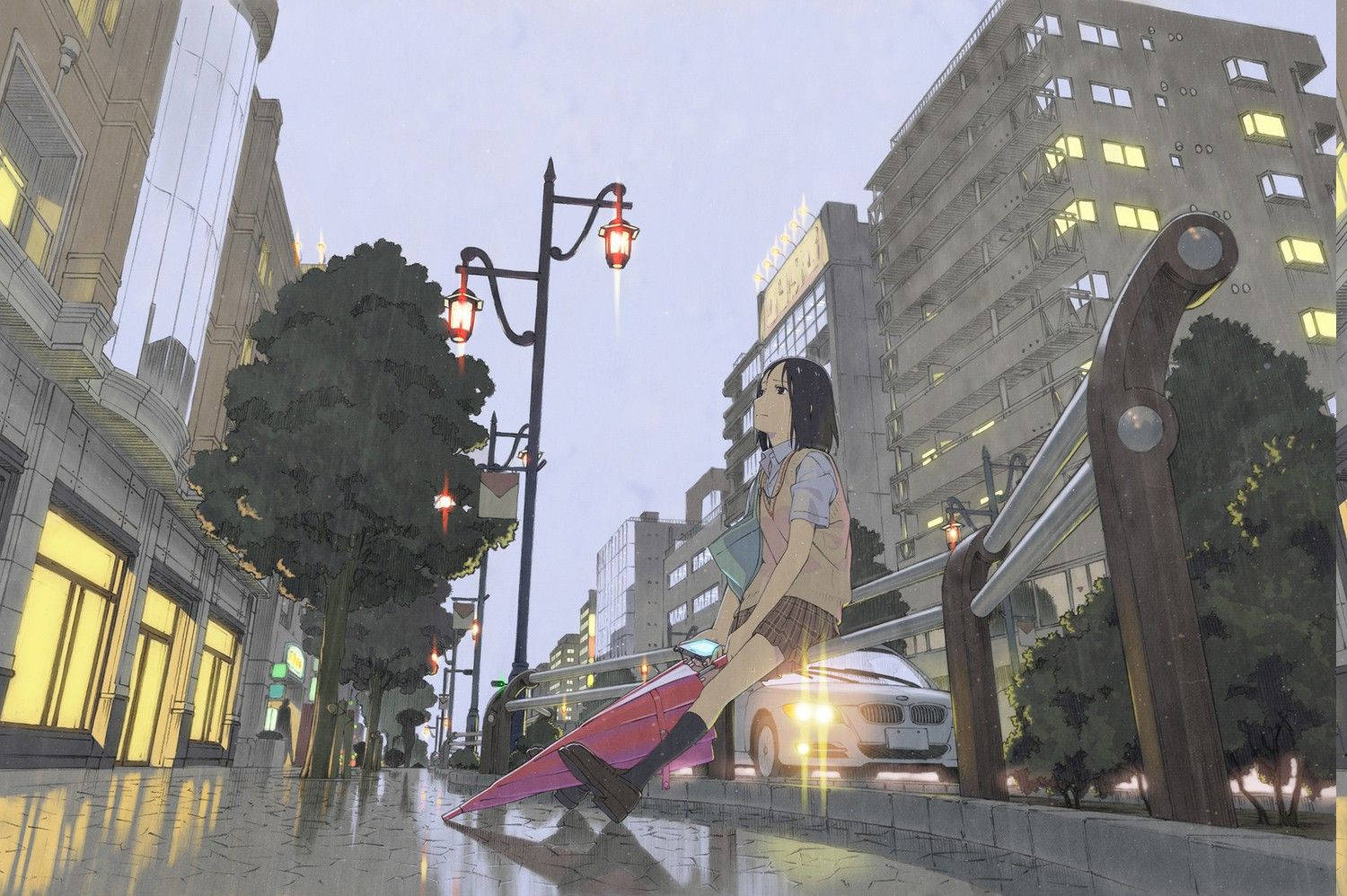 動漫女孩拿著粉紅色雨傘在黃昏時分的雨中城市街道上行走。