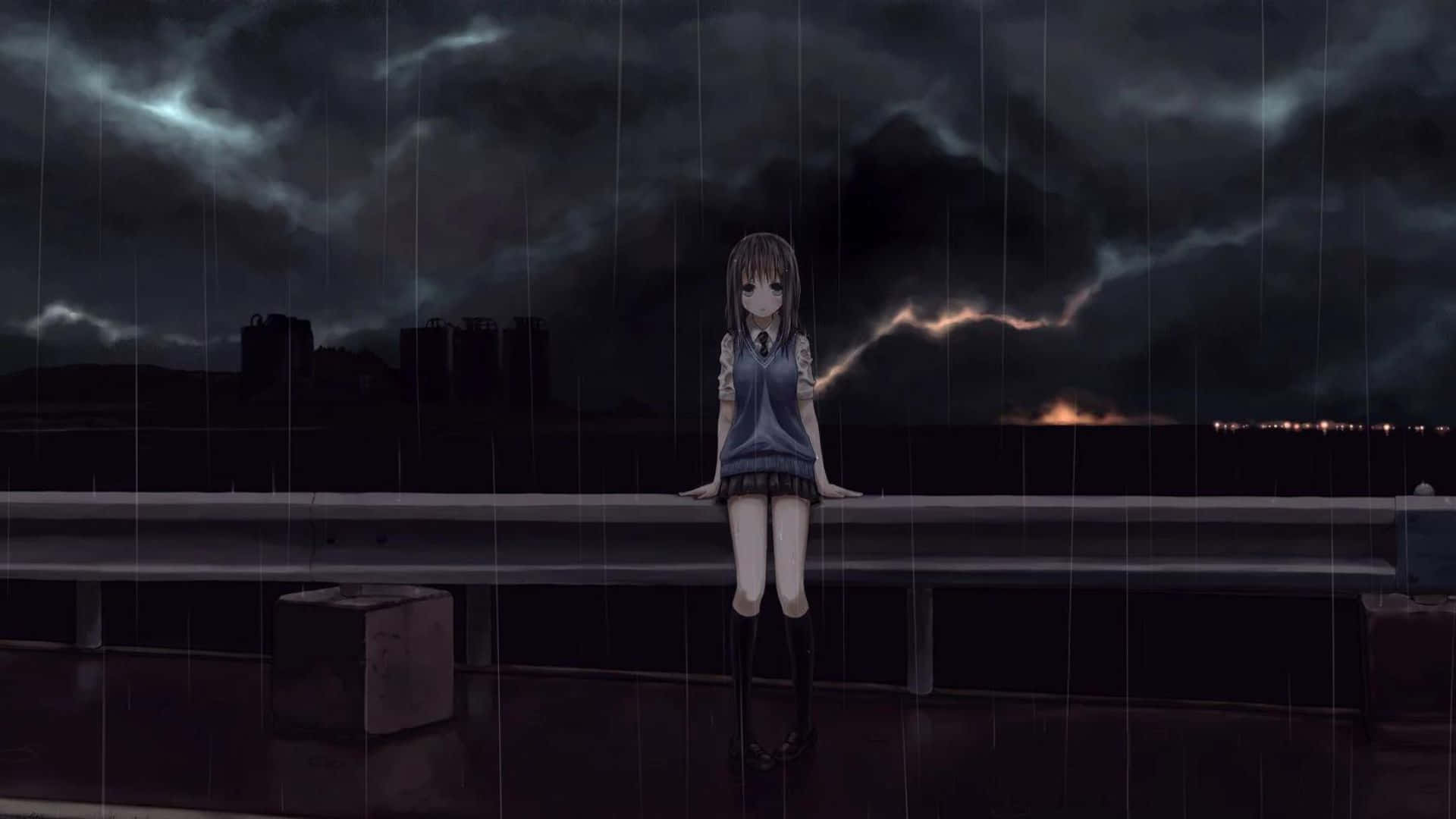 動漫少女雨中街景背景 壁紙 — 一個孤獨的動漫女孩穿著校服，站在有閃電的暴風雨天空下的雨中屋頂上。