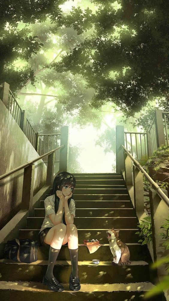 女孩和貓在枝葉繁茂的樹下戶外樓梯上休息，陽光透過樹葉灑落。