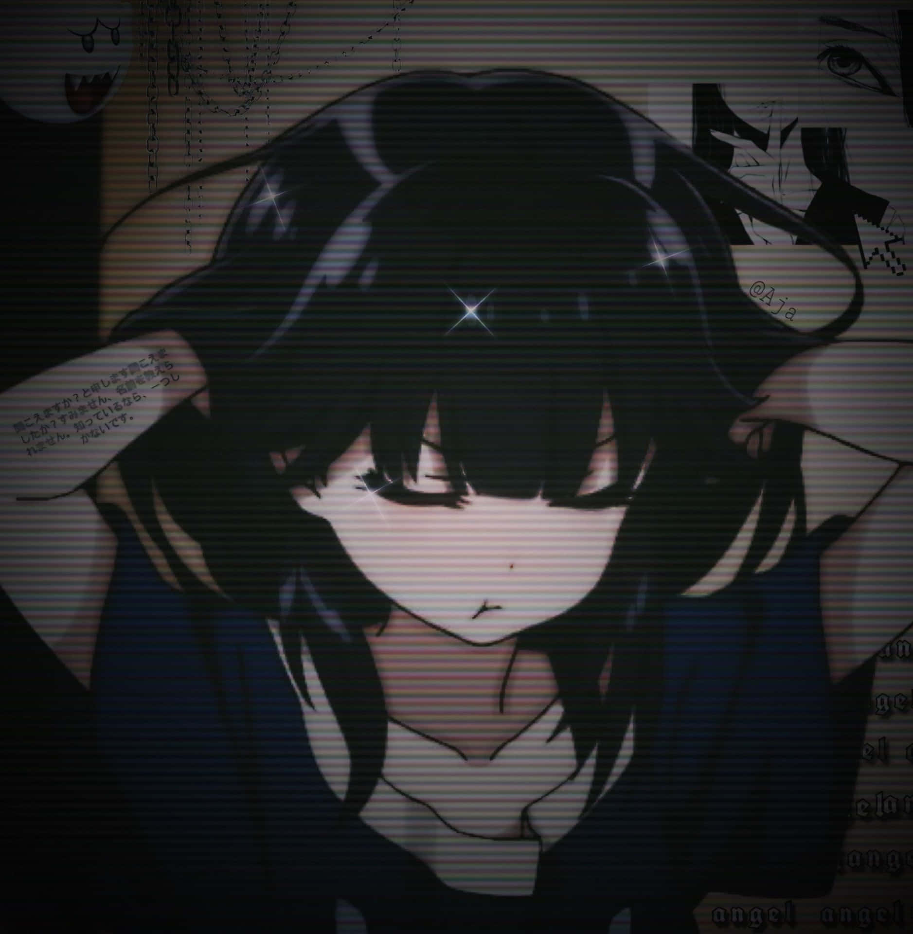 黑髮發光眼睛的動漫女孩，處於故障效果和浮動文字之下。