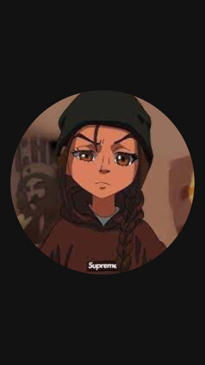 戴冷帽和連帽衫的動漫女孩，在圓形框架中表情強烈。