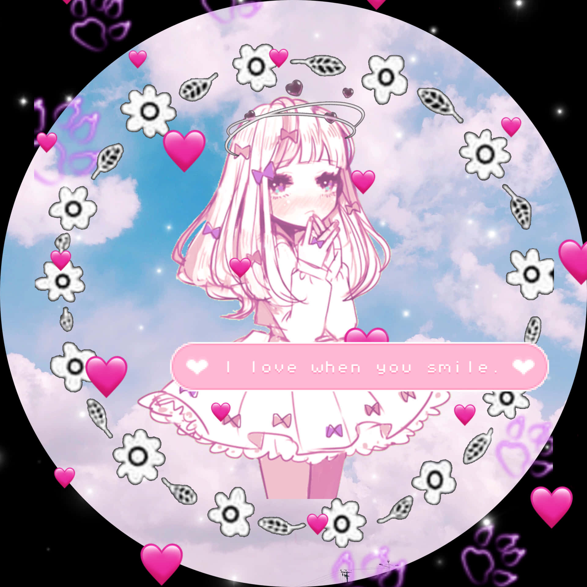 粉紅色頭髮和光環的動漫女孩，周圍有心形和花朵微笑。